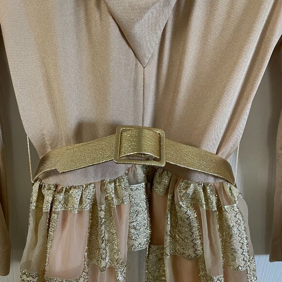 Vintage 70s Metallic Gold Check High Neck Cowl Modest Long Sleeve Gown - Picture 8 of 16